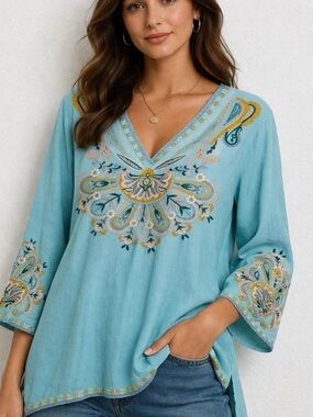 Soft Surroundings Aqua Blue Embroidered V-Neck Tunic